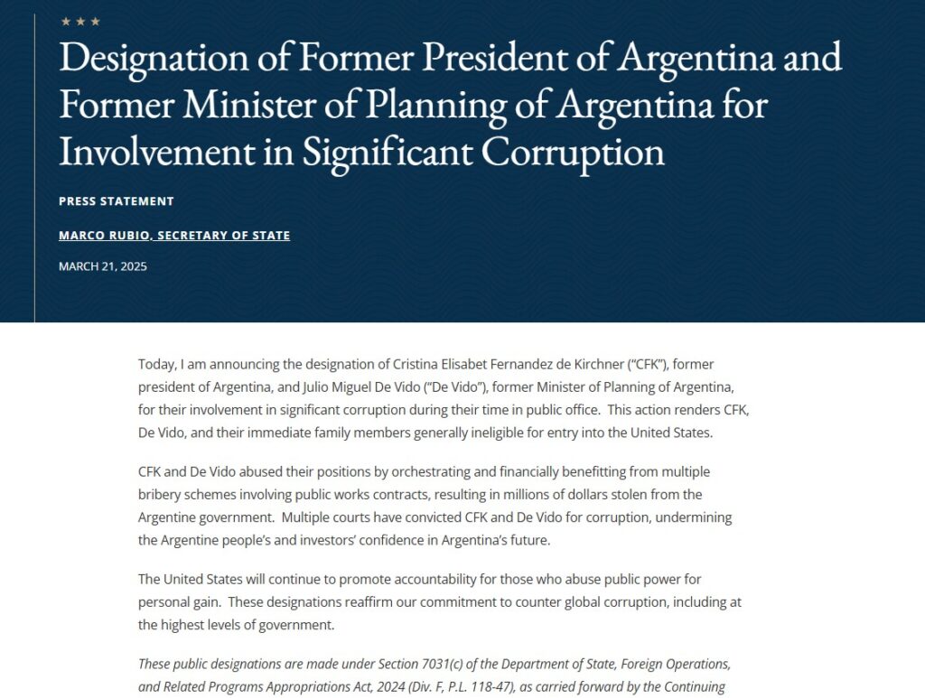 Cristina Kirchner no podrá ingresar a los Estados Unidos