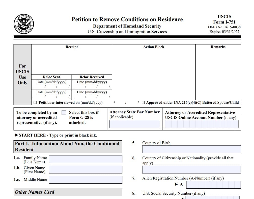 Para remover las condiciones de la Green Card condicional por matrimonio hay que presentar el formulario I-751 ante USCIS