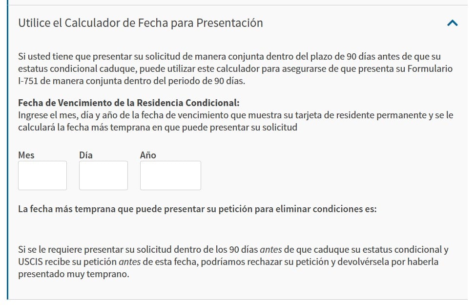 USCIS tiene una calculadora para averiguar cuando toca presentar el formulario para solicitar remocion de condiciones de Green Card condicional por matrimonio en USA