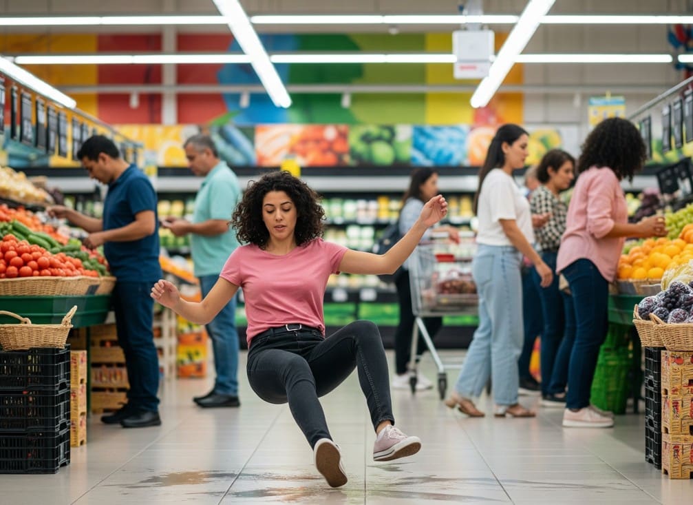 Resbalón y caída por piso resbaloso en un lugar público