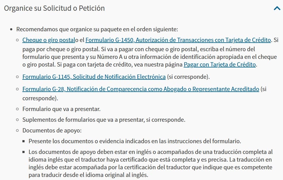 USCIS recomienda presentar el paquete de la solicitud con un orden determinado de documentos