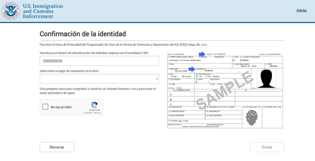 Sitio de ICE para citas de control