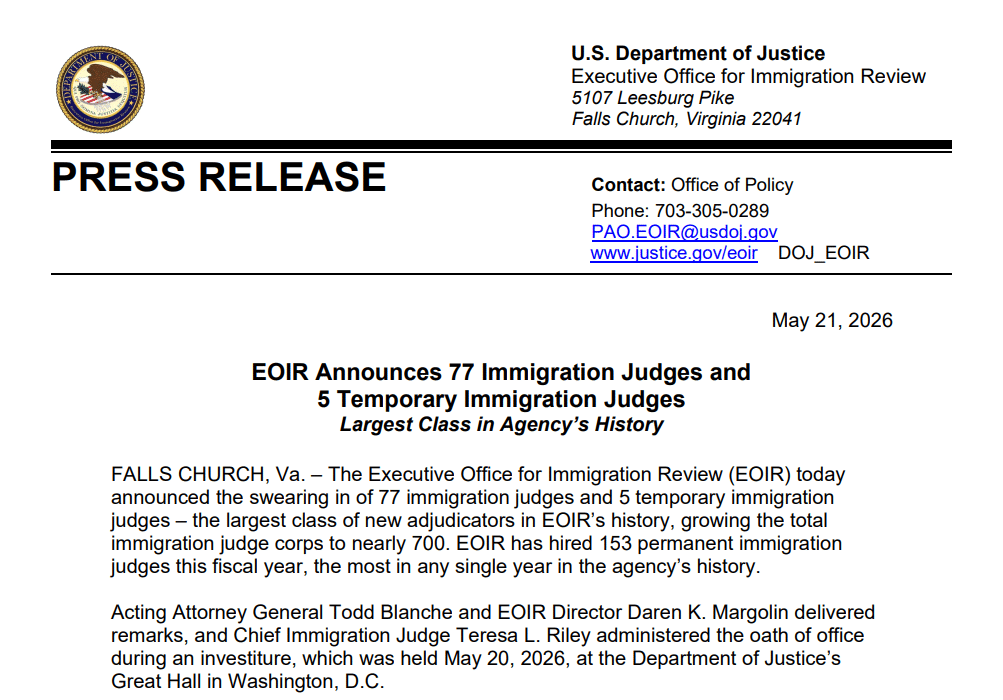 EOIR incorpora nuevos jueces de inmigración